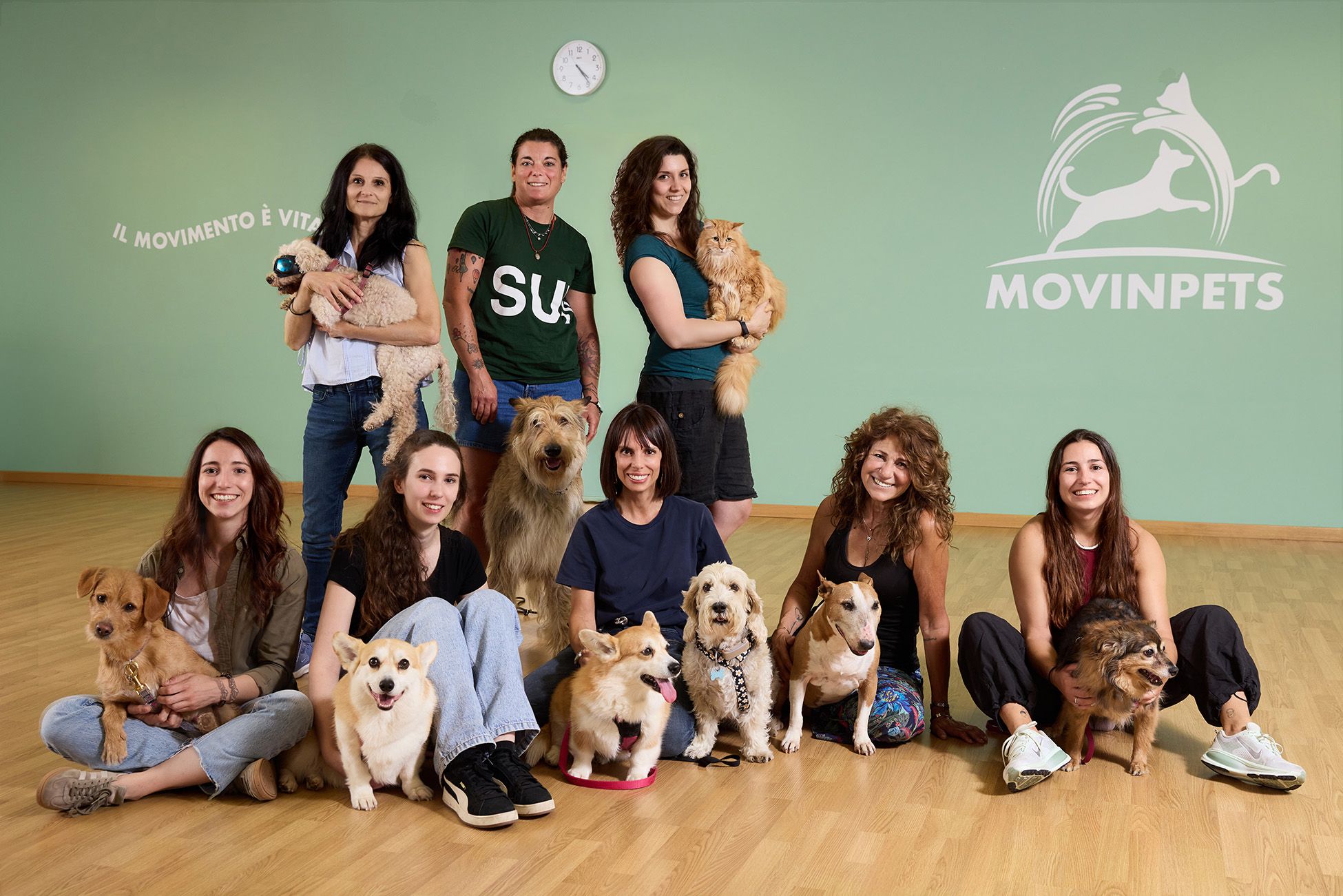 Group photo of the Movinpets team: veterinarians and management team with their dogs.