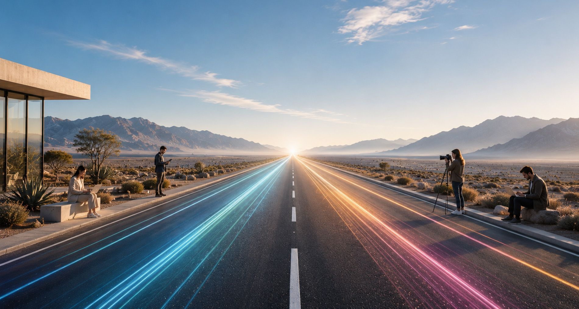 Illuminated road leading toward the horizon, representing SEO and AI search visibility for design-driven brands